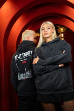 Load image into Gallery viewer, VfB Stuttgart x Kleinigkeit | Hoodie with logo and cityscape | Black
