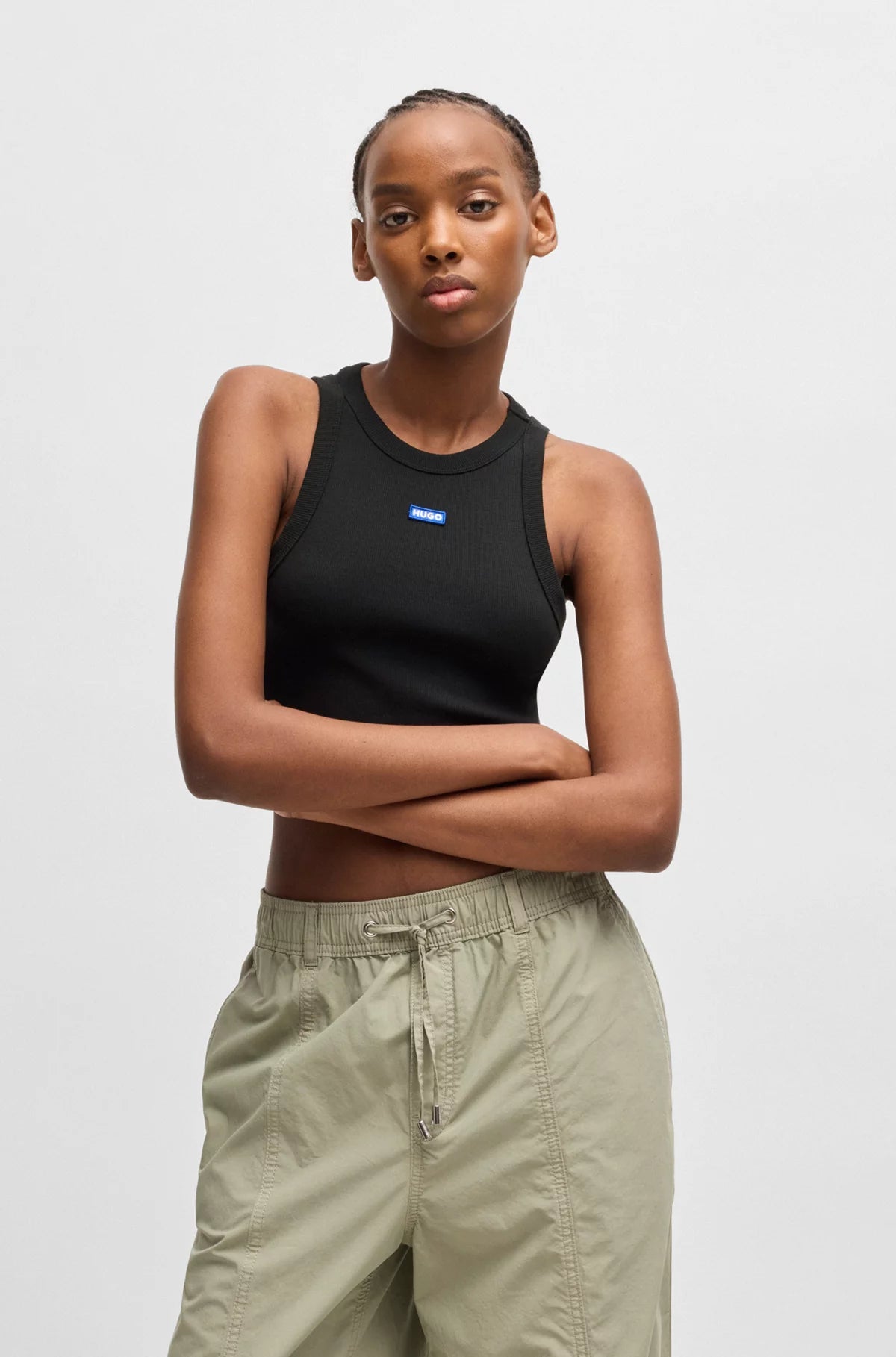 Hugo Blue | Tanktop aus Stretch-Baumwolle mit Logo-Aufnäher | 001 Black