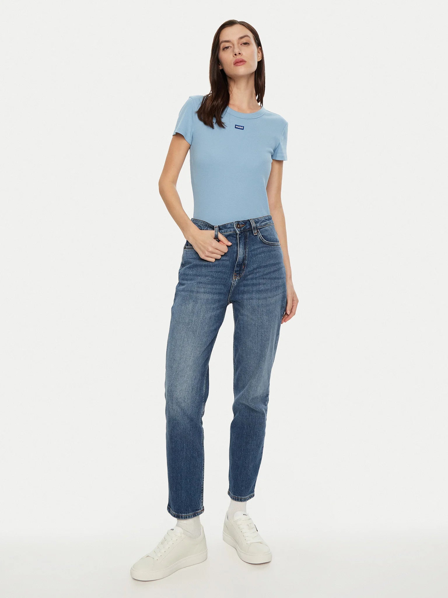 Hugo Blue | Slim-Fit T-Shirt aus Stretch-Baumwolle mit blauem Logo-Aufnäher | 454 lgt Blue