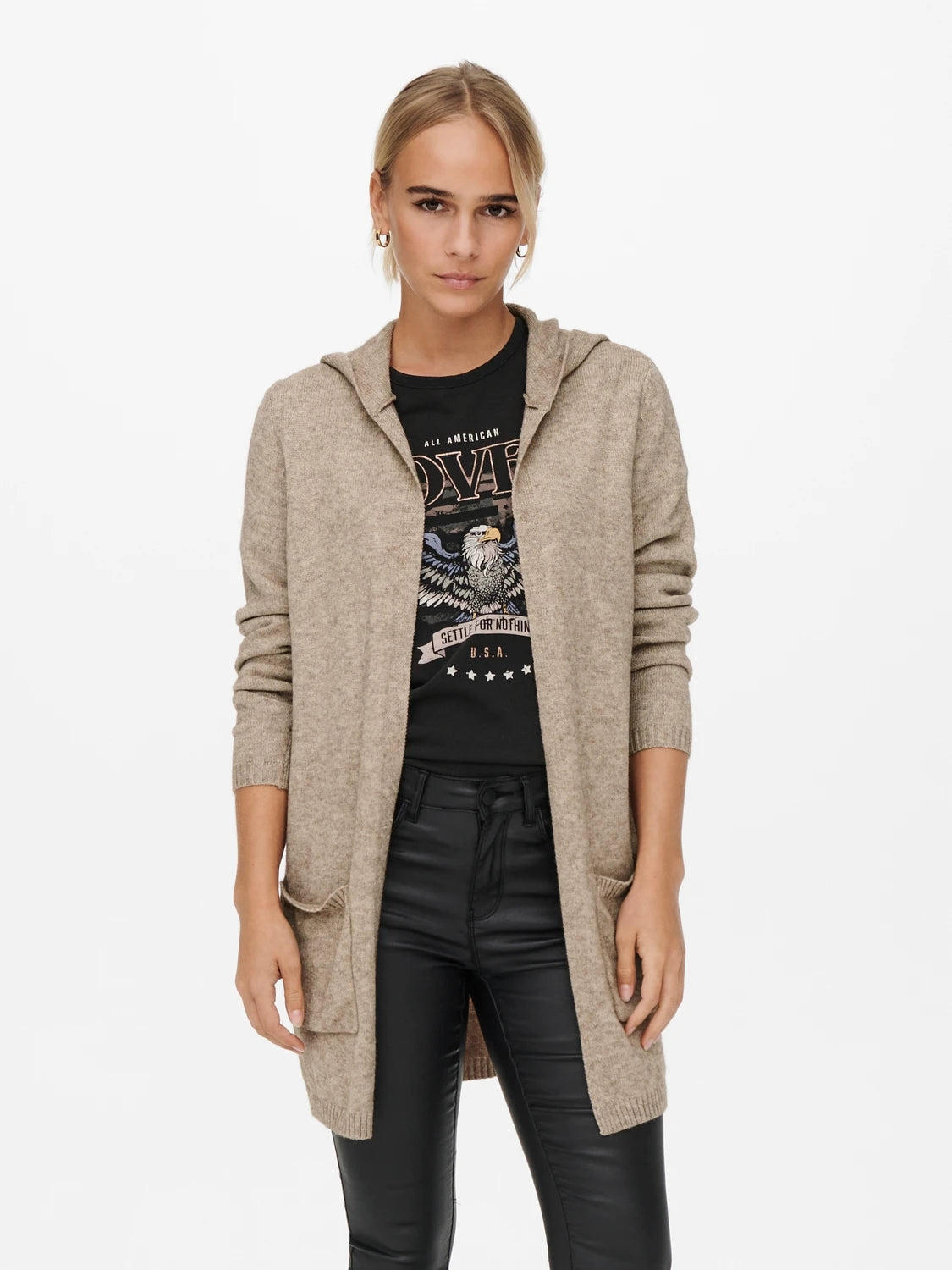 ONLY | Lesly offene Strickjacke mit Kapuze | Beige melange