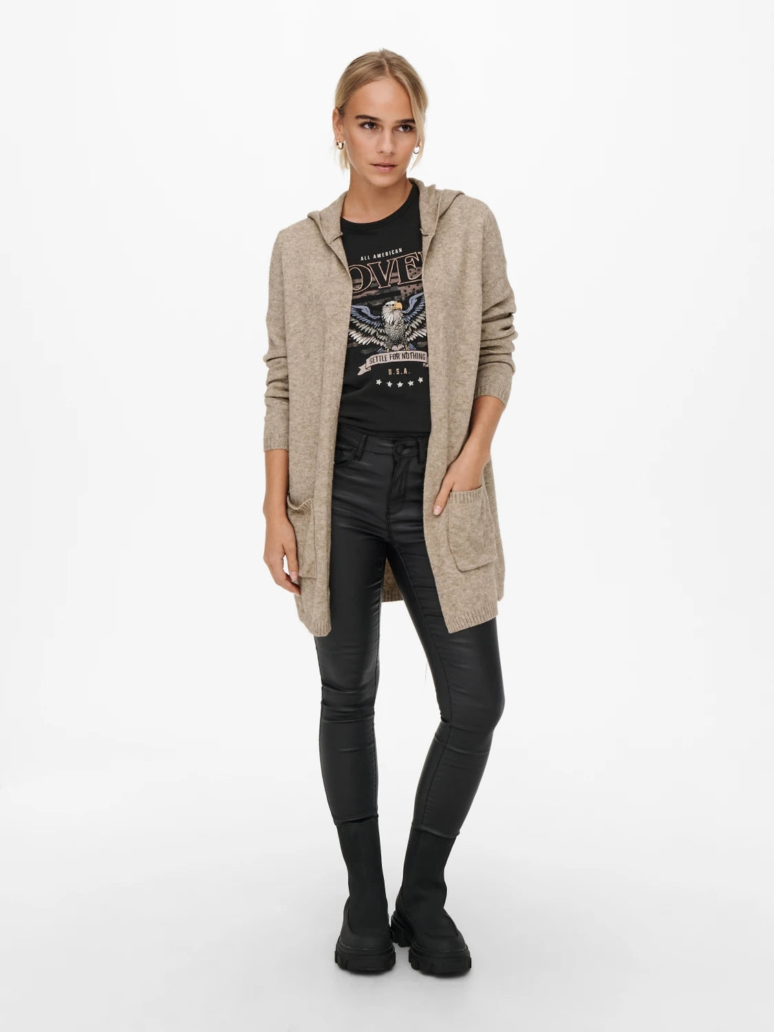 ONLY | Lesly offene Strickjacke mit Kapuze | Beige melange